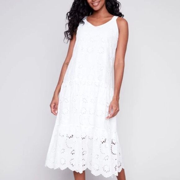 CHARLIE B Eyelet Cotton Sleeveless Midi Sundress In White Size M - Picture 1 of 10